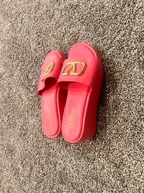 Valentino Pink Rubber Logo Slide Sandals with Gold Hardware